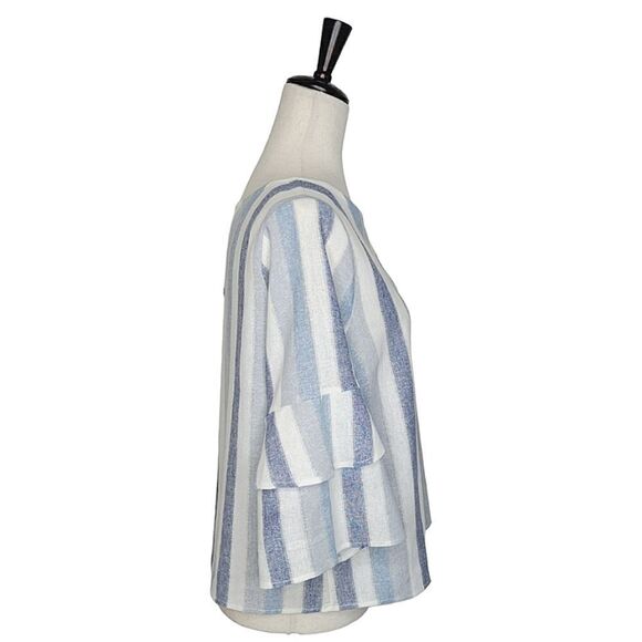 Urban Romantics Blue Striped Linen/Cotton Tiered Sleeve Keyhole Cropped Blouse M - Picture 3 of 7